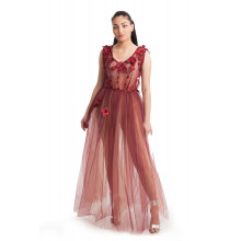 Двупластова тюлена дълга рокля в цвят бордо